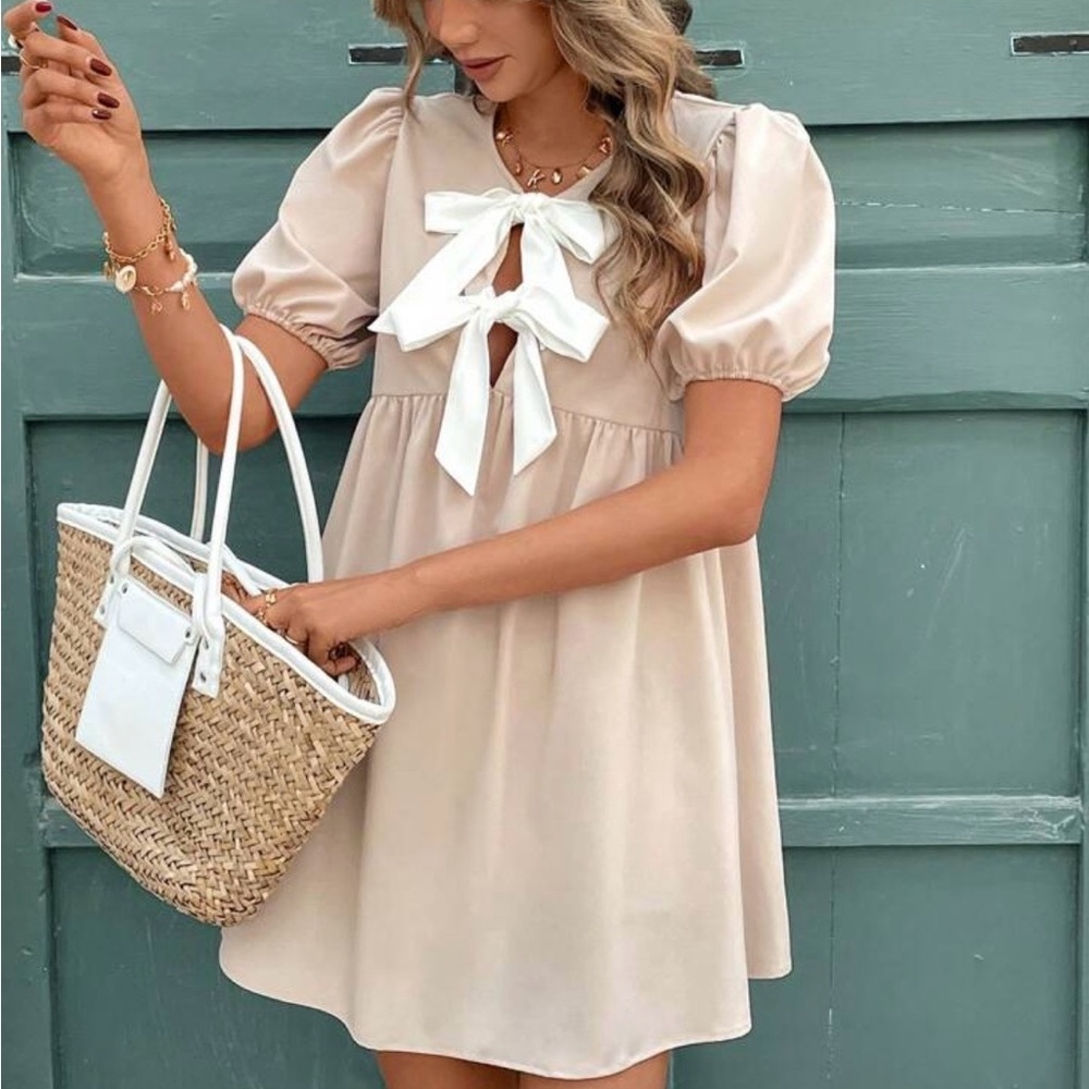 SHEIN Beige Mini Dress with White Bow Accents